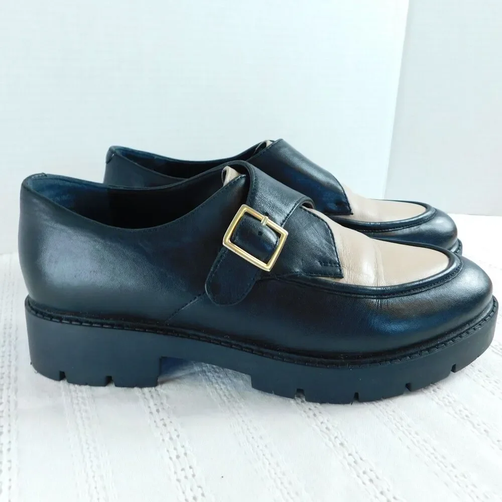 Seychelles Leather Loafers 7.5 Catch Me Black Cream Buckle Shoes Womens Retro
